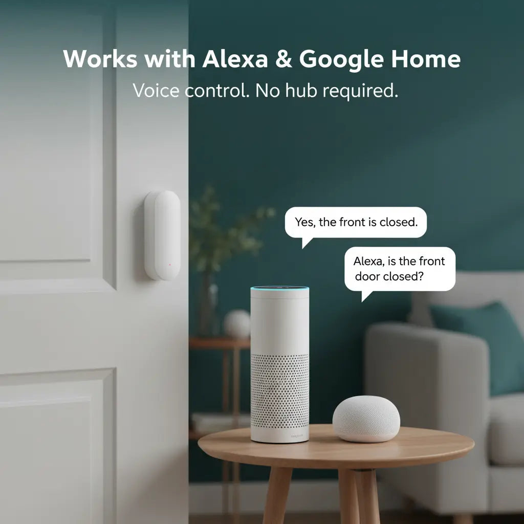 A smart home scene showing a white cylindrical Alexa smart speaker on a small wooden table next to a white spherical Echo Dot, with a white door-mounted sensor on the left. Text at the top reads 'Works with Alexa & Google Home' and speech bubbles show the Alexa response about the front door being closed.