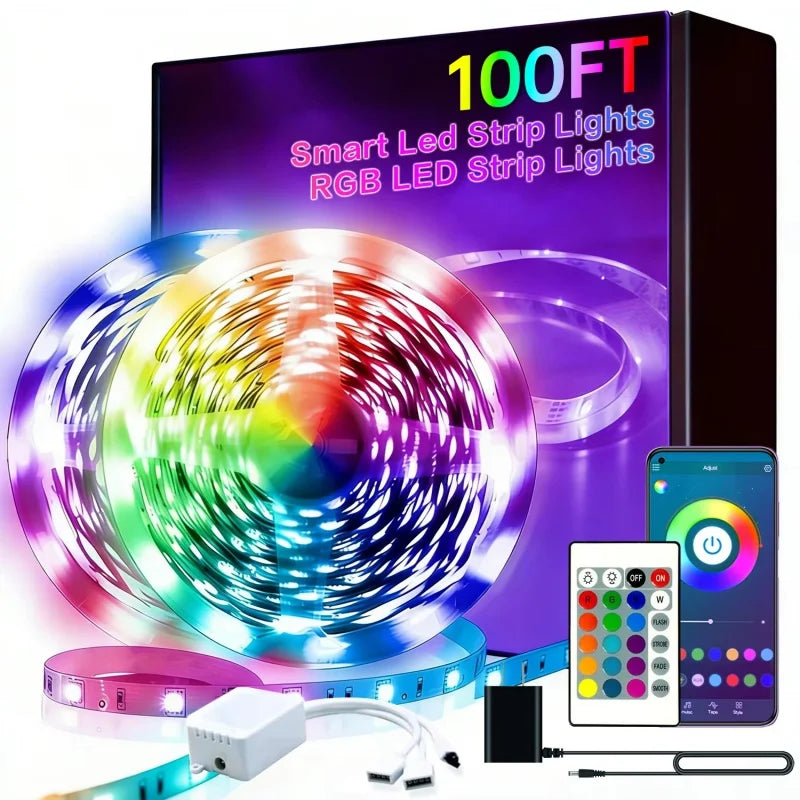 Smart LED strip lights with packaging, remote control, and smartphone app on a white background