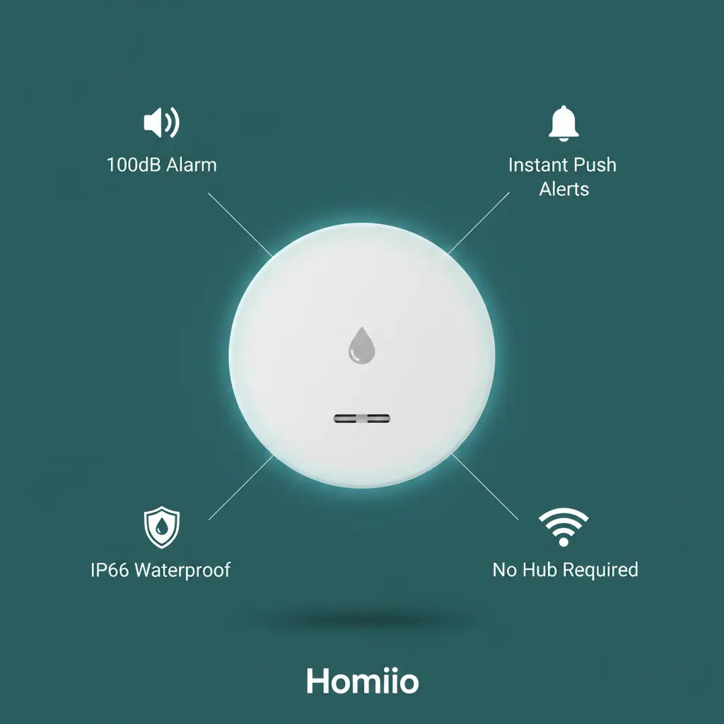A white circular smart home device centered on a dark teal background, with callout lines and icons reading 100dB Alarm, Instant Push Alerts, IP66 Waterproof, and No Hub Required. The brand name Homiiio appears at the bottom.