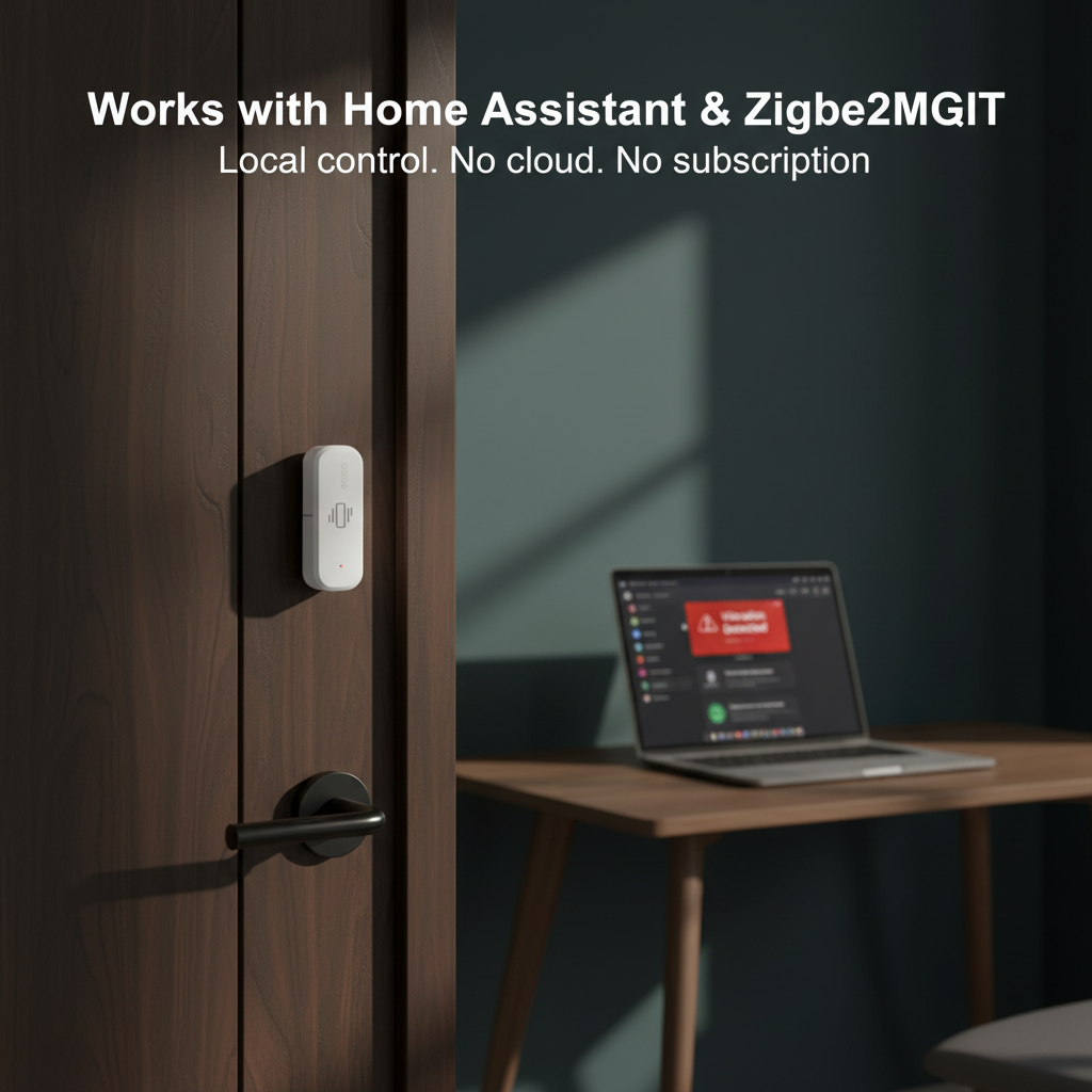 Homiio Zigbee vibration sensor mounted on a door in a modern home, with Home Assistant dashboard showing a vibration alert on a laptop in the background