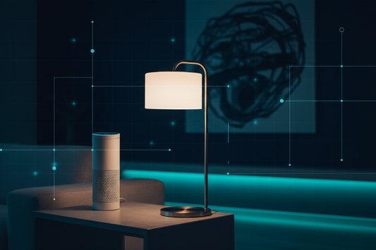 Smart WiFi LED bulb glowing with Amazon Alexa device nearby – Homiio compatibility guide