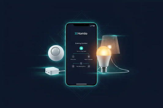 Smartphone showing smart home automation routines with Homiio devices