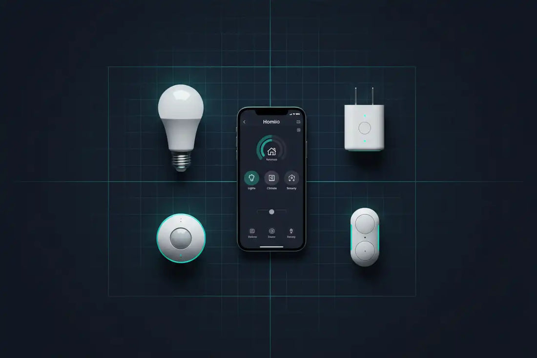 Flat lay of Homiio smart home devices — bulb, plug, motion sensor and door sensor buying guide