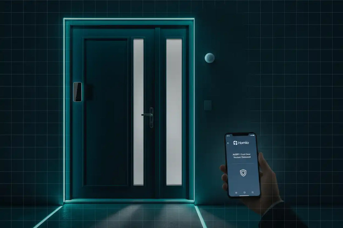 Smart home security setup with door sensor and motion sensor at night entry — Homiio