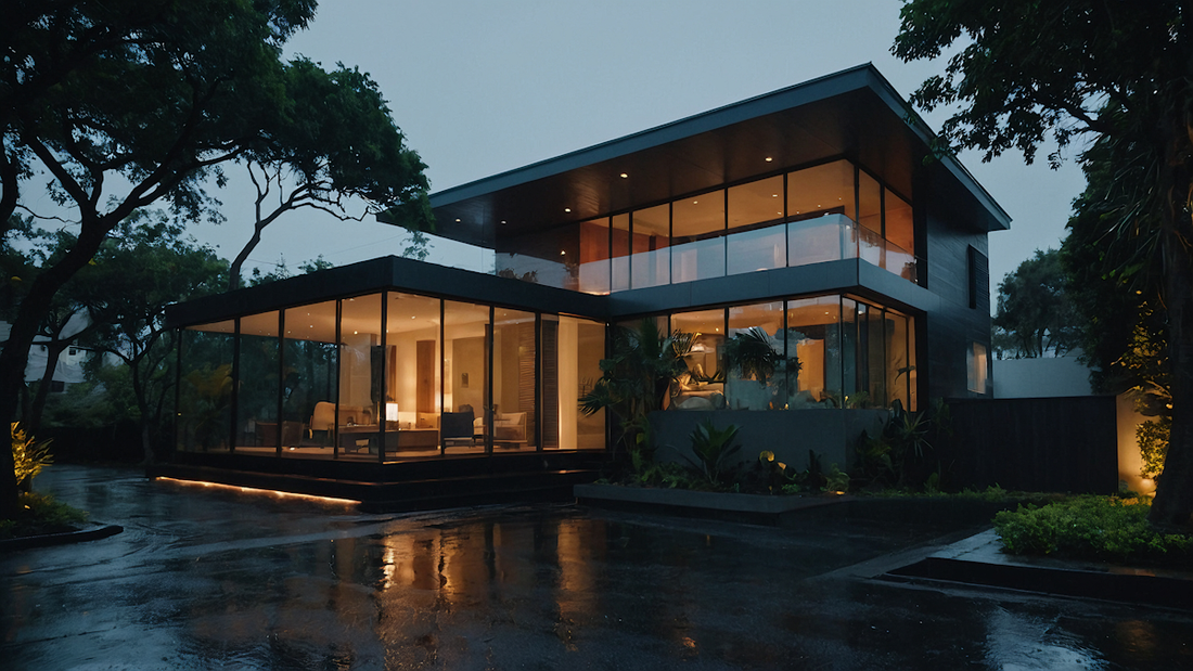 A house with a lot of windows and a lot of trees