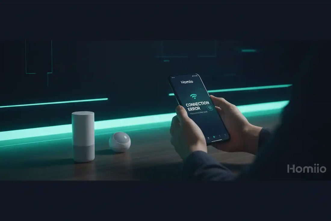 Person troubleshooting smart home app with Homiio devices nearby