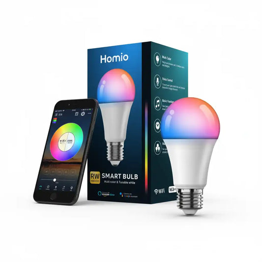 A smart RGB LED light bulb with a colorful gradient globe and white frosted base, shown next to its dark blue Homio retail box and a smartphone displaying a color-control app on a clean white background.