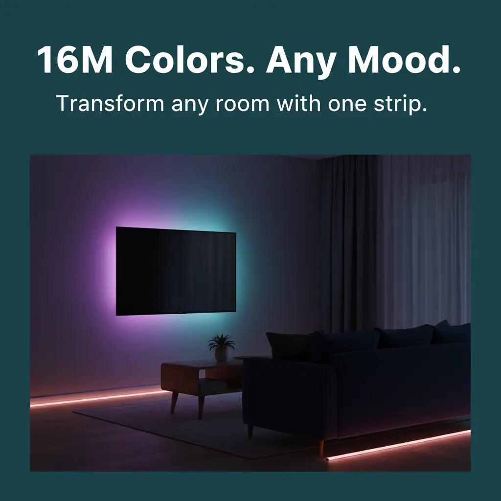 A dark living room scene with a wall-mounted TV glowing under purple and blue LED lighting, plus pink lighting along the floor. Large text at the top reads '16M Colors.