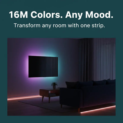 A dark living room scene with a wall-mounted TV glowing under purple and blue LED lighting, plus pink lighting along the floor. Large text at the top reads '16M Colors.