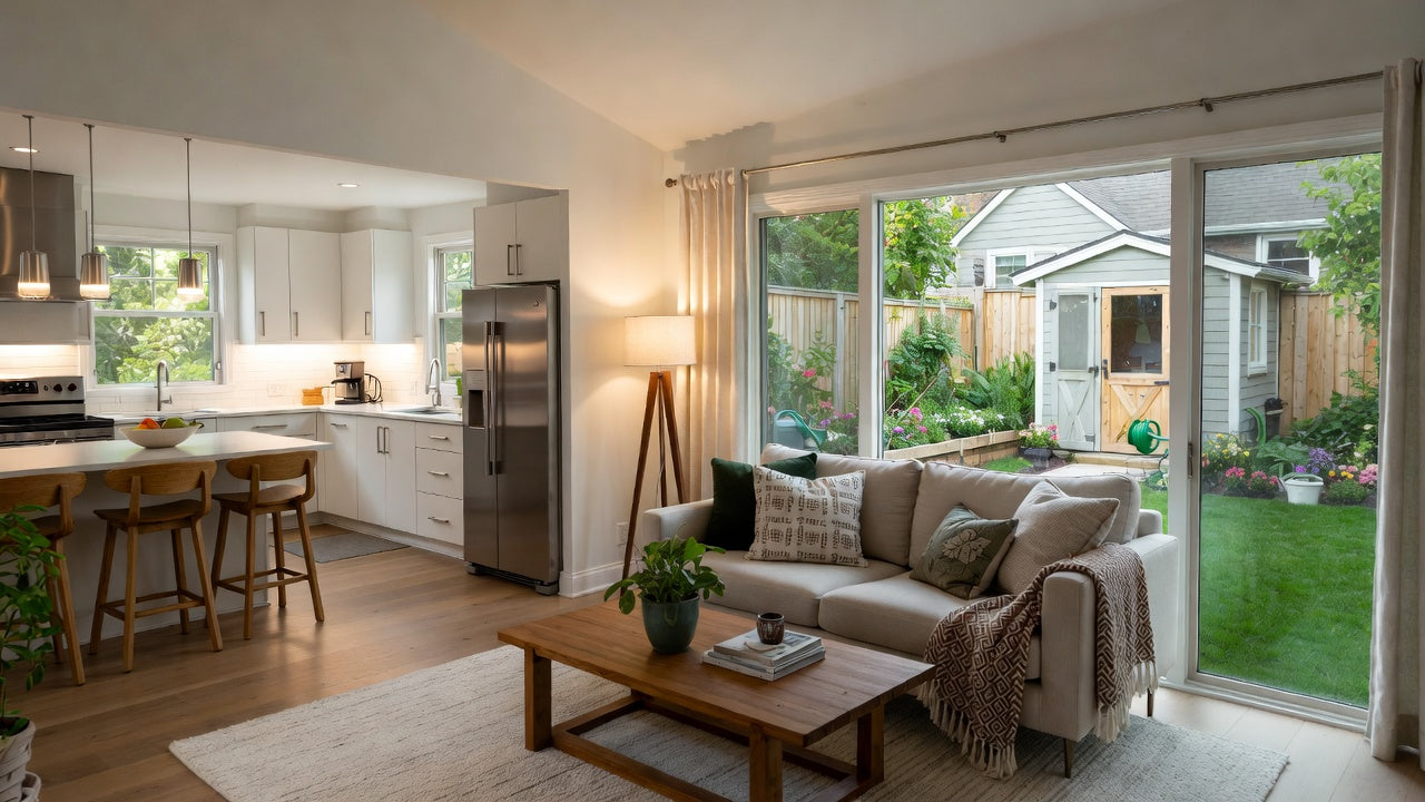 Modern living room with a view of a backyard