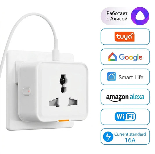 Homiio Smart WiFi Plug with power adapter showing compatibility with Alexa, Google Home, Tuya, and Smart Life