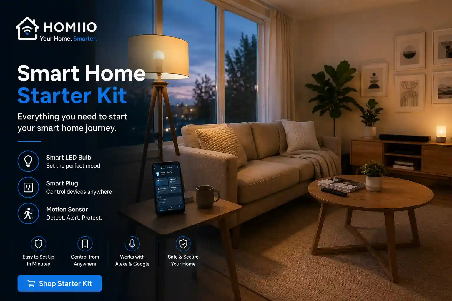 Smart home starter kit advertisement with a living room setup and Homio branding.