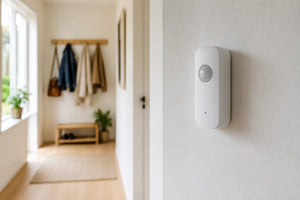 Slim white PIR sensor on wall, Scandinavian hallway with coat rack