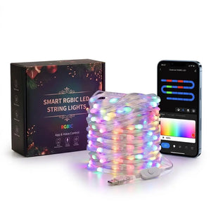 Smart RGBIC LED string lights coiled in a stack with a USB cable, shown next to its retail box and a smartphone displaying the companion app interface, on a white background.