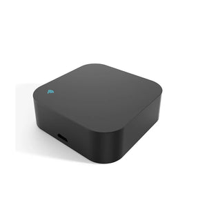 Black electronic device with a blue logo on a white background