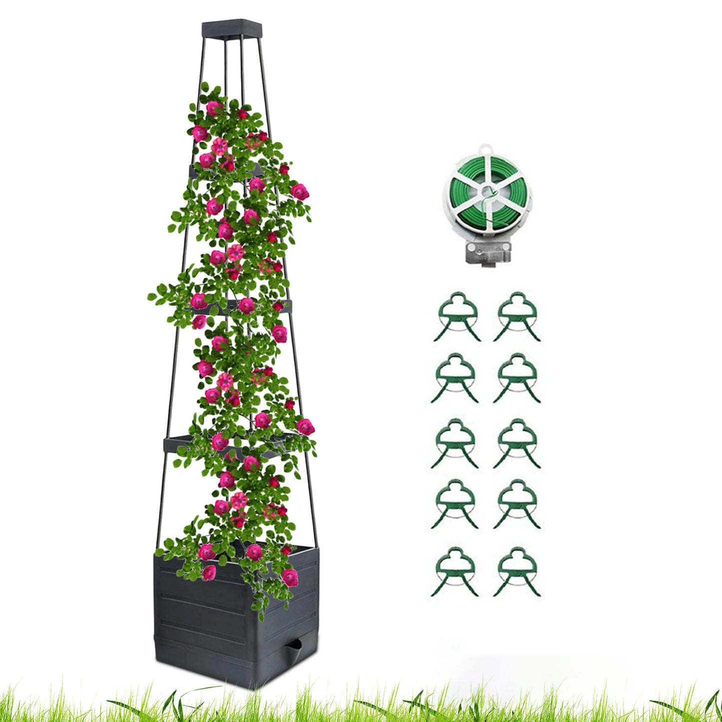 Tall garden planter with climbing plants, trellis, and irrigation system on a white background