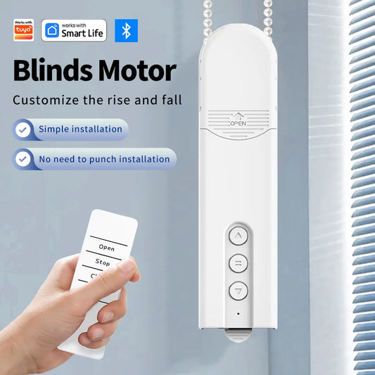 Blinds motor with remote control and installation benefits on a gray background