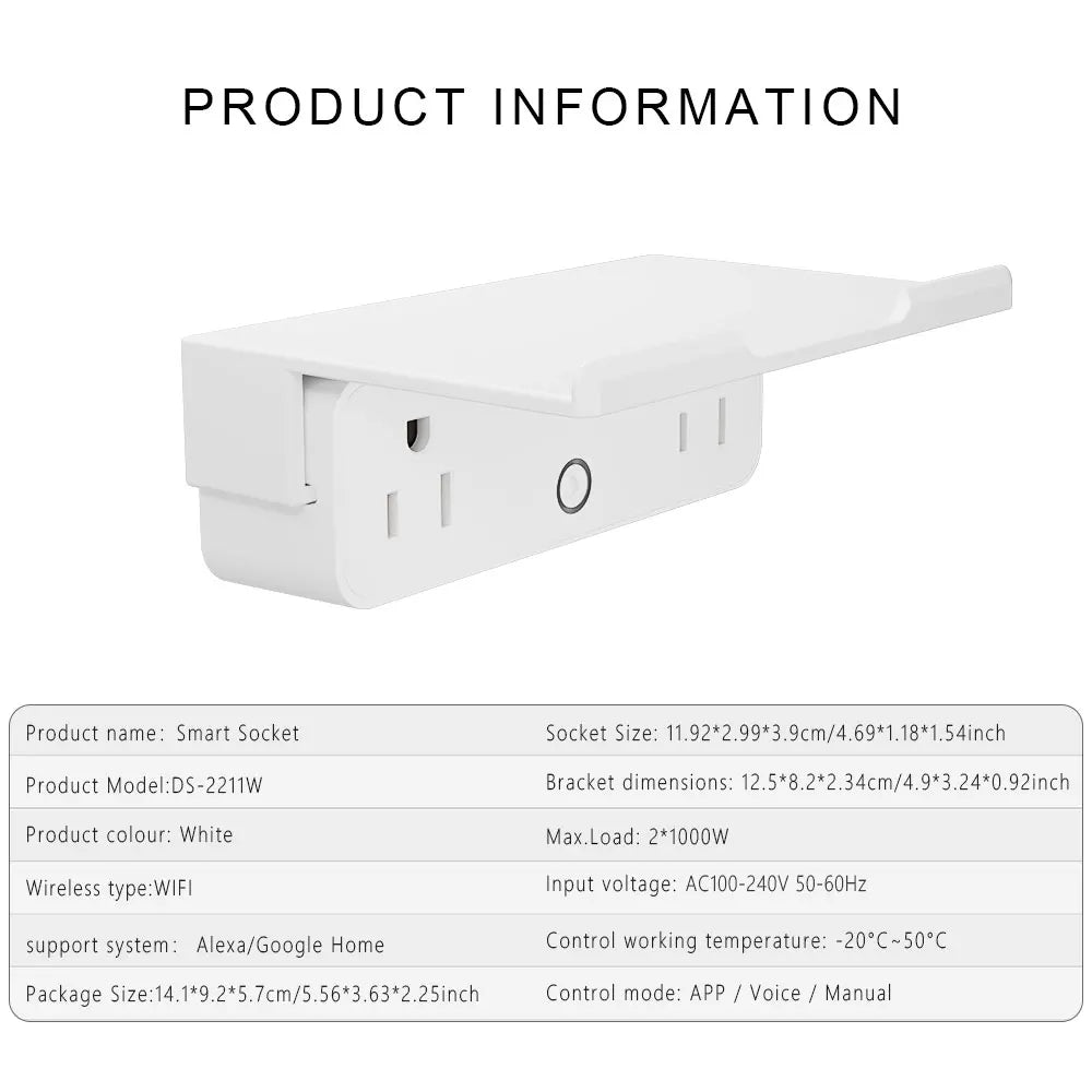 White smart socket with product information text on a white background