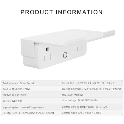 White smart socket with product information text on a white background