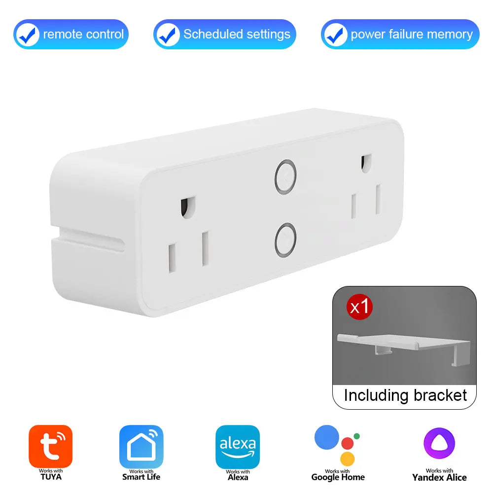 White smart plug with features listed above it on a white background