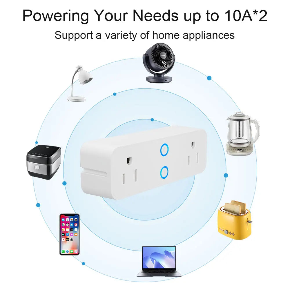 Smart plug with various home appliances around it on a white background