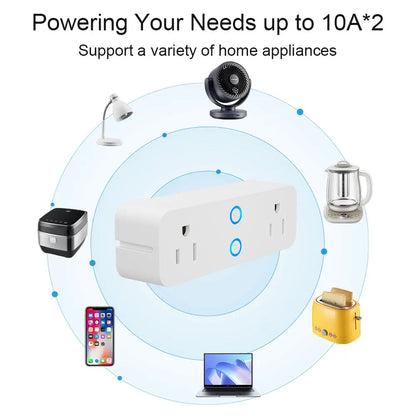 Smart plug with various home appliances around it on a white background