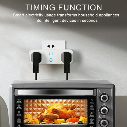 Smart electricity usage adapter with two plugs connected to a microwave oven displaying a roasted chicken.
