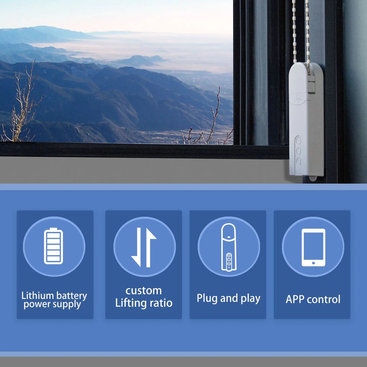 Window with a view of mountains, featuring a window blind control panel and system features icons.