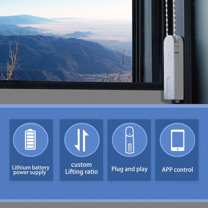 Window with a view of mountains, featuring a window blind control panel and system features icons.