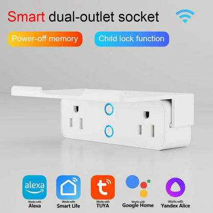 Smart dual-outlet socket with features like power-off memory and child lock function on a gray background.