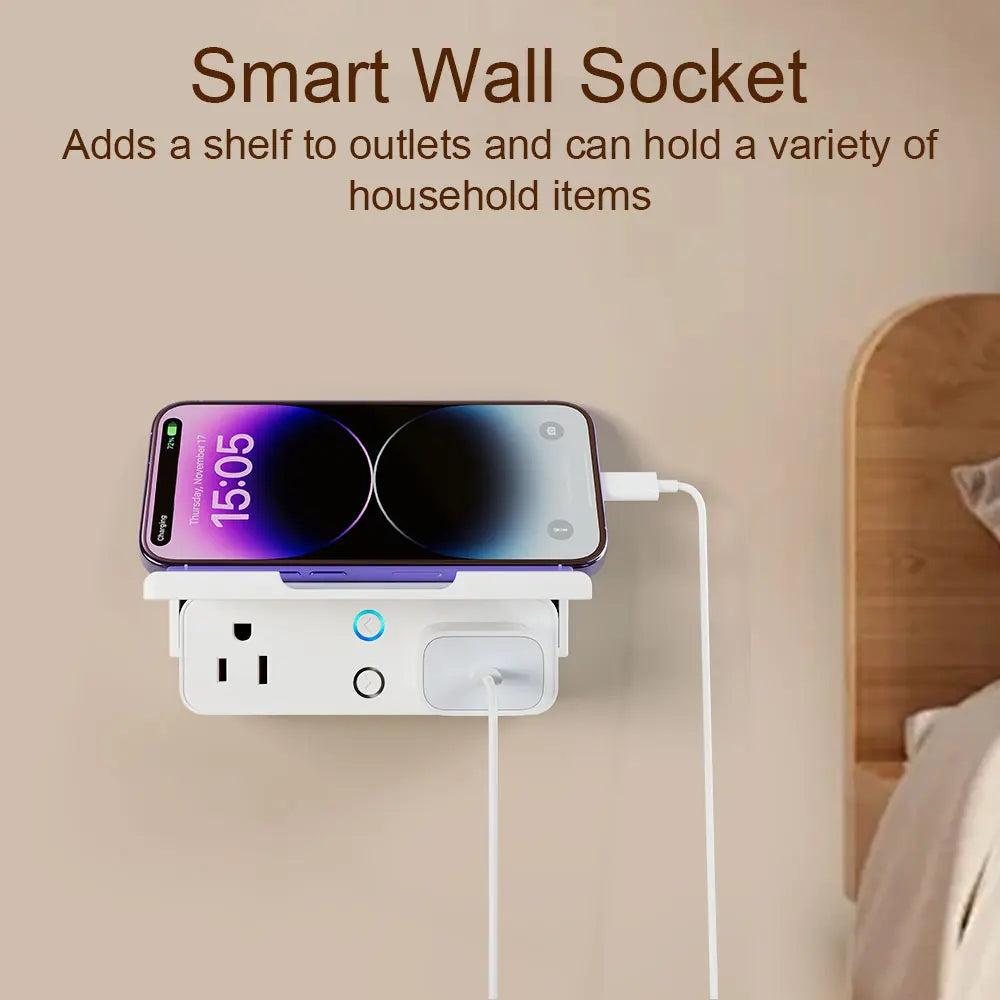 Smart wall socket with phone and cable on a beige wall