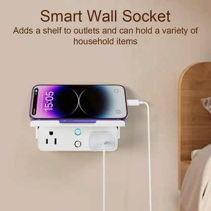 Smart wall socket with phone and cable on a beige wall