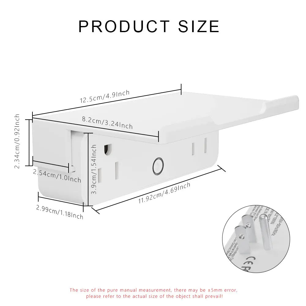 Homiio smart WiFi plug dimensions and size chart on a white background