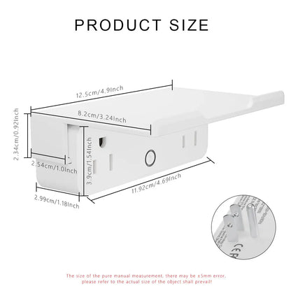 Homiio smart WiFi plug dimensions and size chart on a white background