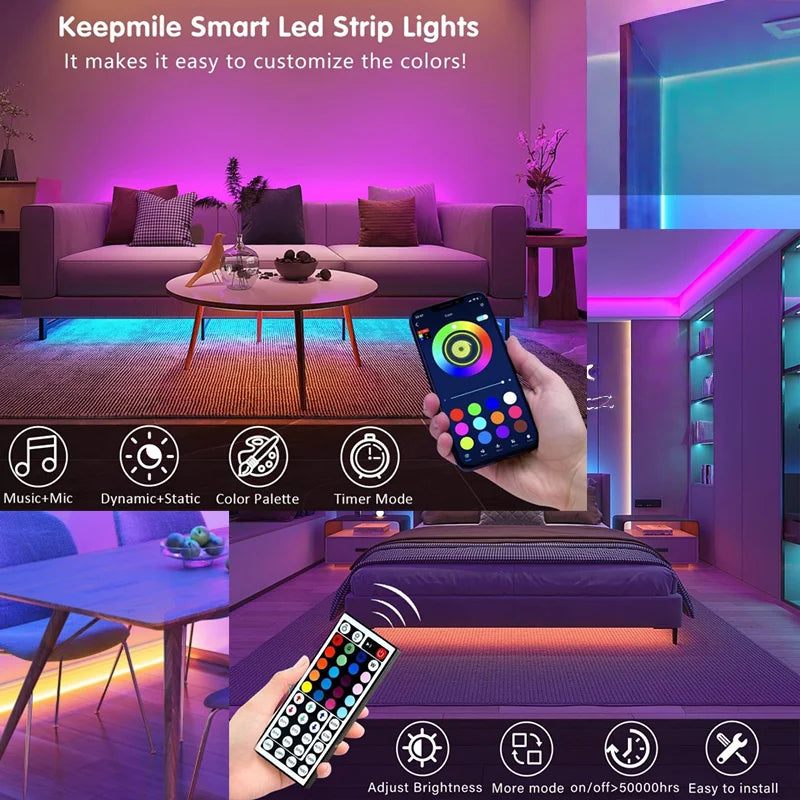 Smart LED strip lights with smartphone app control in a living room setting.