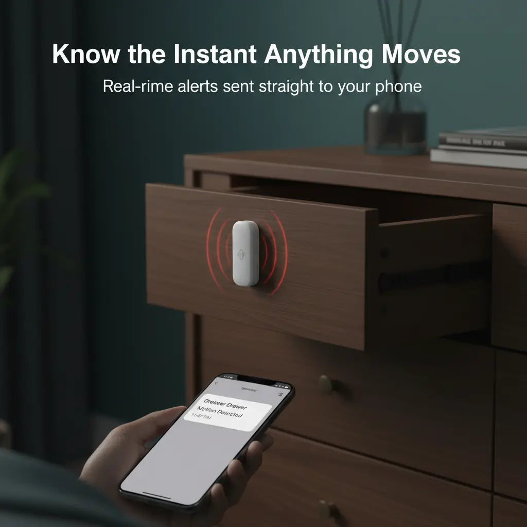 A smart drawer alarm shown installed on a wooden dresser drawer in a real room setting, with a hand holding a smartphone that displays a notification. The product is a small white rectangular device with red signal waves overlaid to indicate alerts.