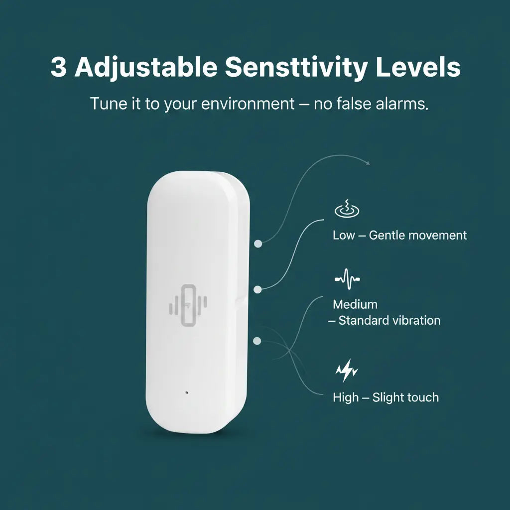 A white rectangular electronic sensor device on a dark teal background with text explaining three adjustable sensitivity levels: low for gentle movement, medium for standard vibration, and high for slight touch.