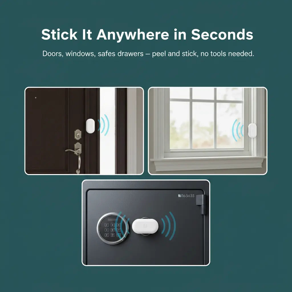 Promotional graphic showing a small white lockout alarm stick on three different products: a brown door, a white window, and a black security safe. The text at the top reads 'Stick It Anywhere in Seconds' with smaller descriptive text below.
