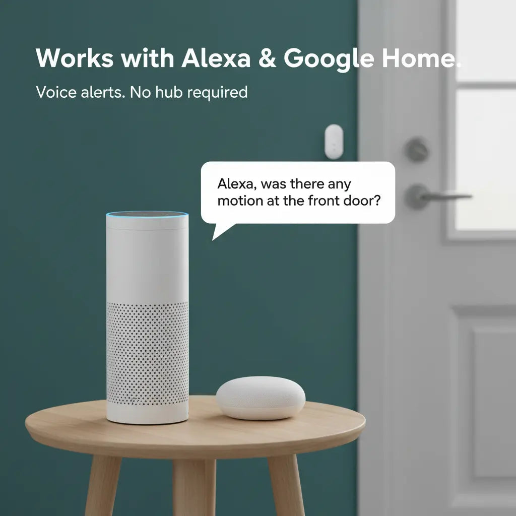 A white cylindrical smart speaker and a small white oval receiver sit on a light wood side table in a room with a dark teal wall and a white front door. Text at the top says it works with Alexa and Google Home, and a speech bubble says, 'Alexa, was there any motion at the front door?'.