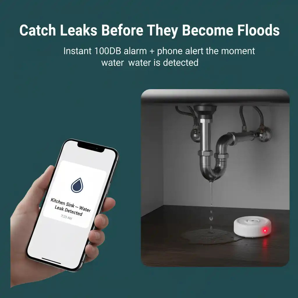 A promotional graphic for a water leak detector. On the left, a hand holds a smartphone showing a water leak alert.