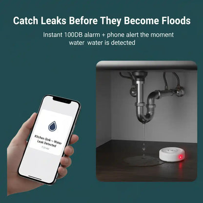 A promotional graphic for a water leak detector. On the left, a hand holds a smartphone showing a water leak alert.