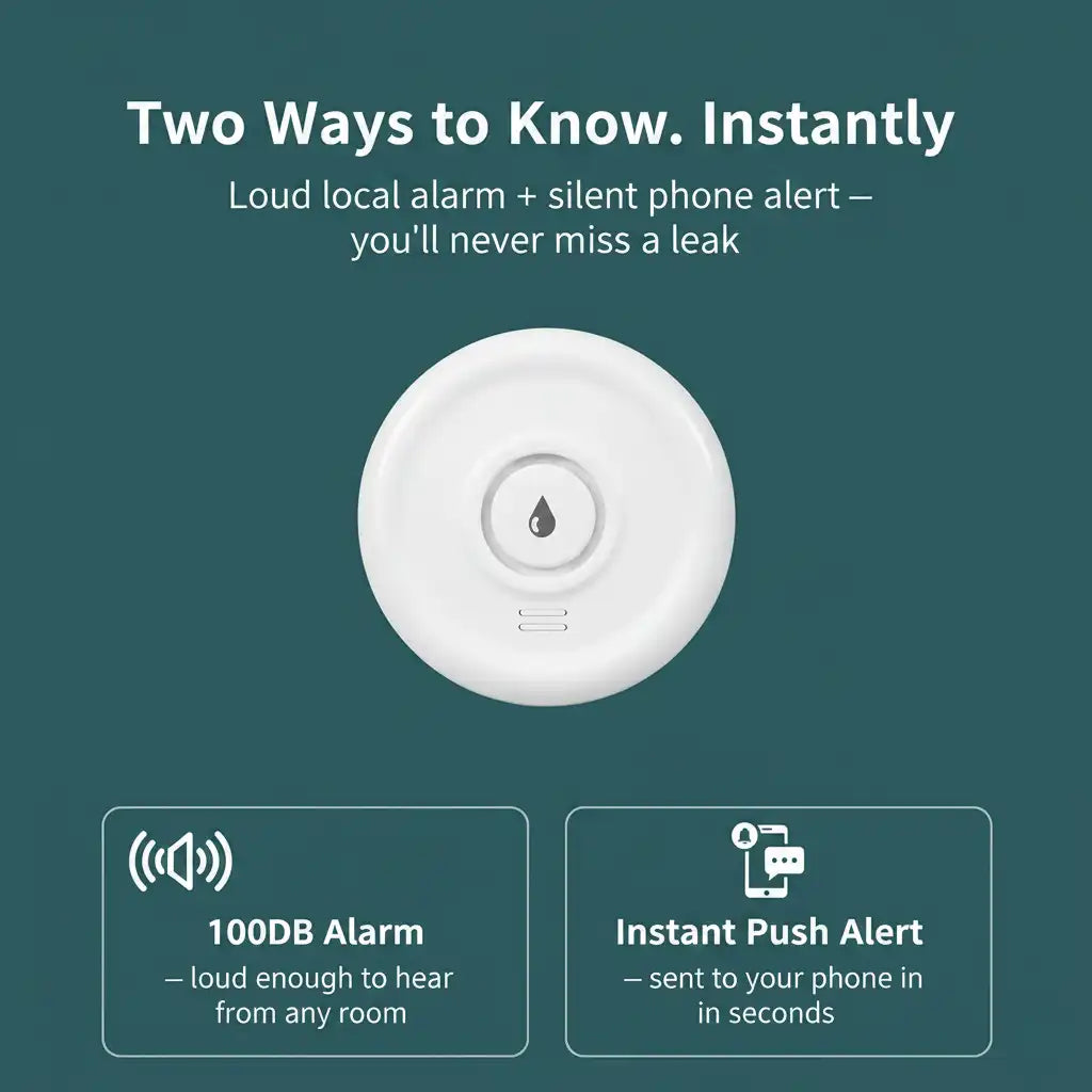 A white circular smart leak detector with a central water droplet icon, shown on a dark teal background with marketing text about loud local alarms and instant push alerts.