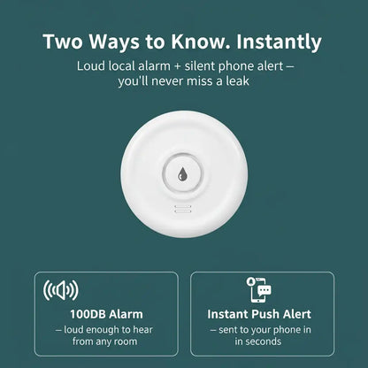 A white circular smart leak detector with a central water droplet icon, shown on a dark teal background with marketing text about loud local alarms and instant push alerts.