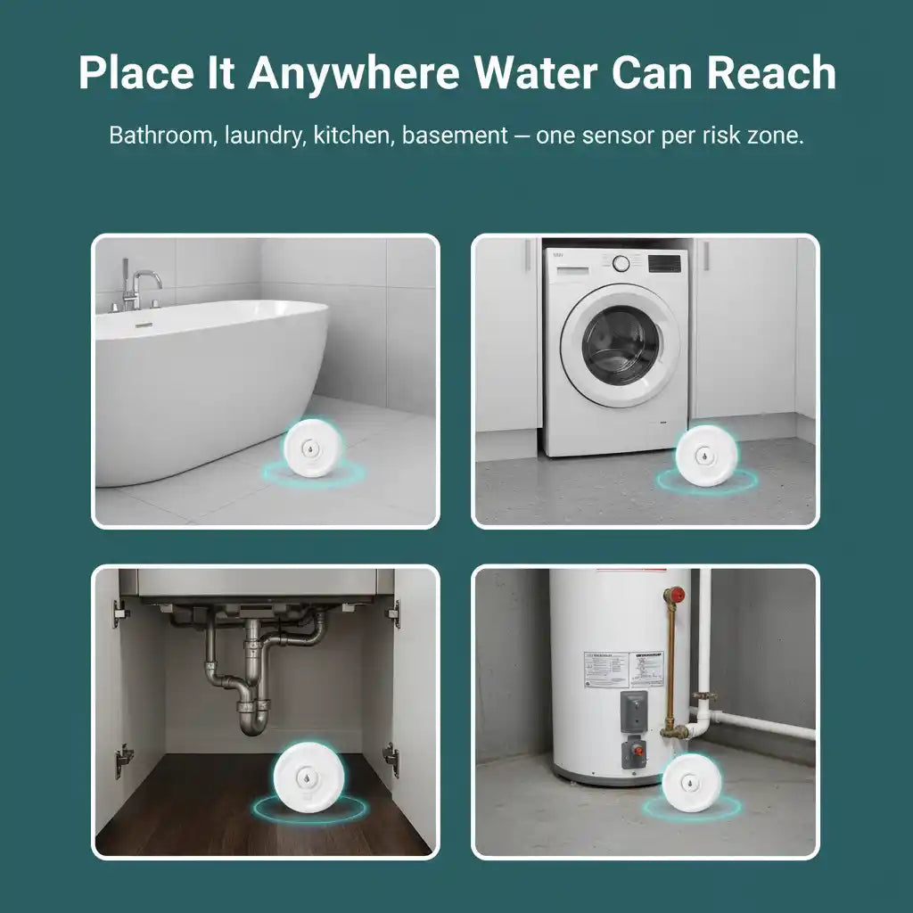 Promotional graphic showing a water leak sensor in four use cases: a bathtub, a washing machine, a kitchen sink, and a water heater. The text at the top reads 'Place It Anywhere Water Can Reach' and 'Bathroom, laundry, kitchen, basement – one sensor per risk zone.