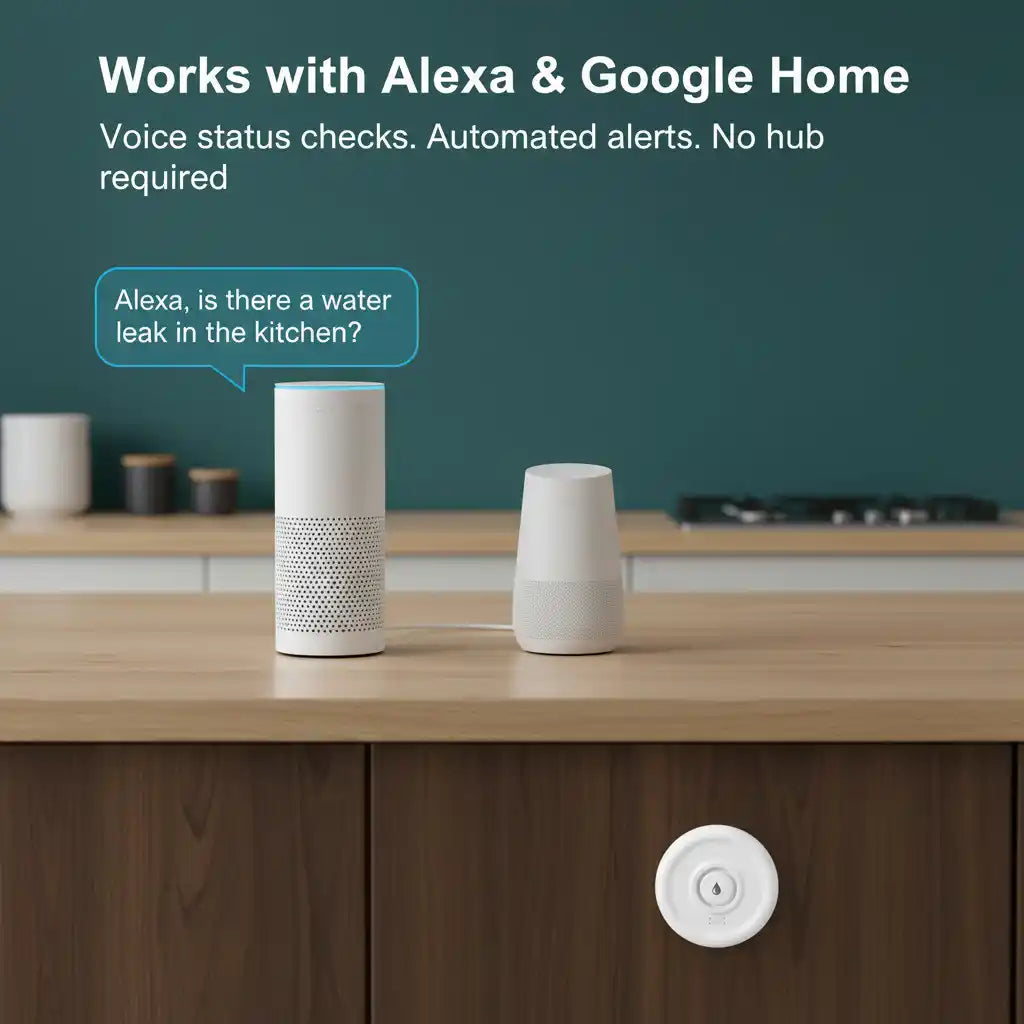 A smart home setup on a wooden kitchen counter with a white cylindrical Alexa device and a smaller white smart speaker, plus a small round white device mounted below. Text at the top says it works with Alexa and Google Home and describes voice status checks and automated alerts.