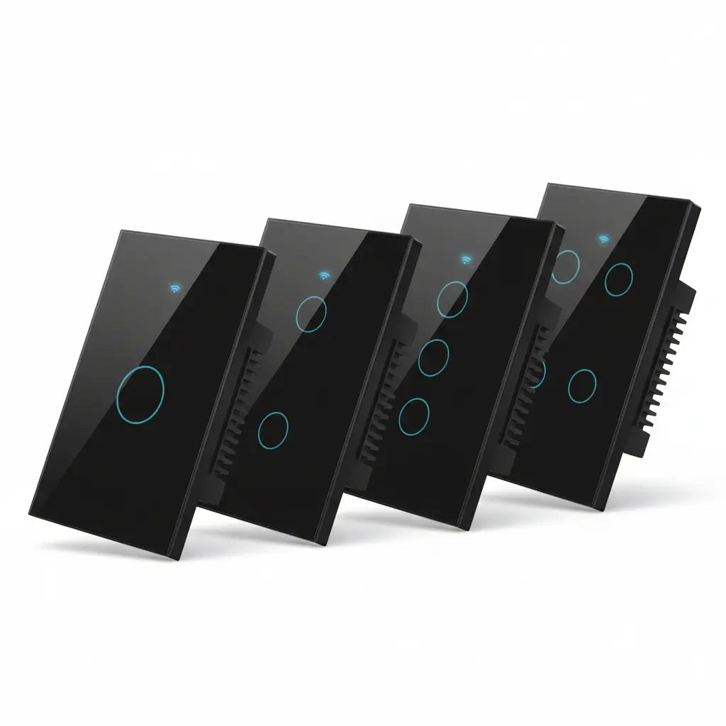 Four black touch panel switches with glossy glass fronts and blue LED indicator lights, arranged in a staggered row on a white background.