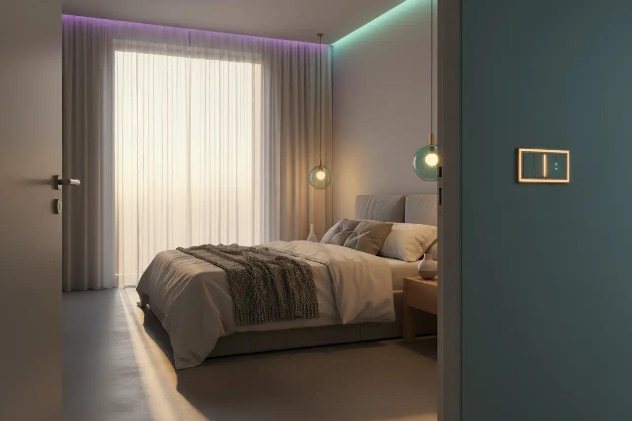A modern bedroom interior with a neatly made bed, sheer curtains, ambient wall lighting, and a teal accent wall in the foreground.