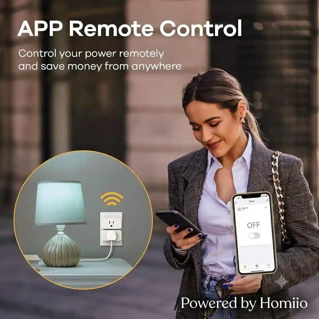 A woman outdoors holds a smartphone displaying the Homio app with an OFF status, while another phone is in her other hand. She wears a gray plaid blazer and white shirt.