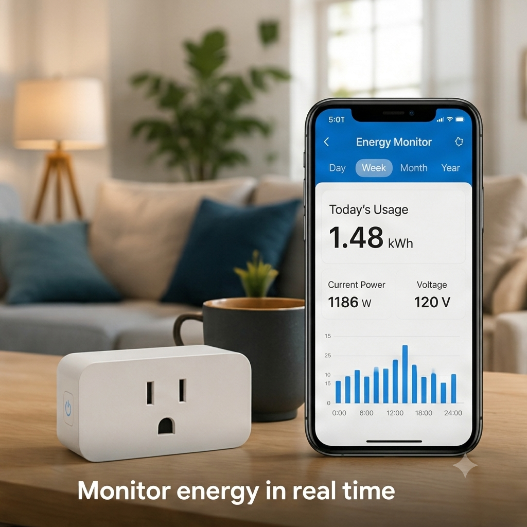 Homiio mobile app displaying real-time energy monitoring, electricity usage statistics, and power consumption reports.
