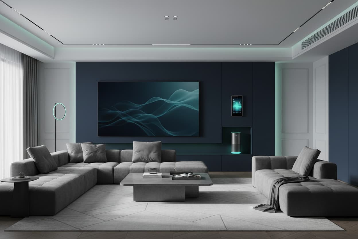 Modern living room with gray sectional sofa, coffee table, and wall-mounted TV.